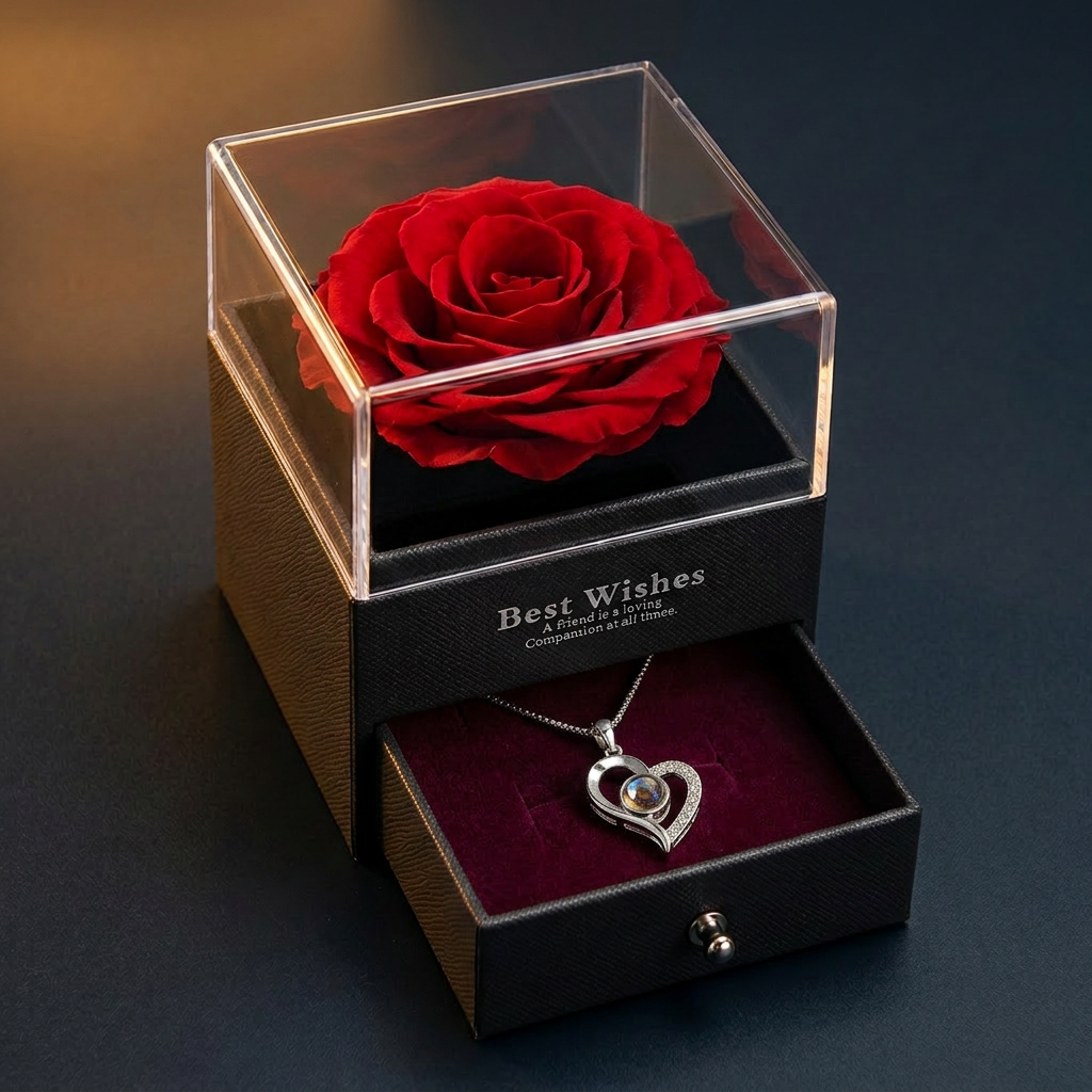 Rosa eterna vermelha em caixa de luxo com colar de coração dourado